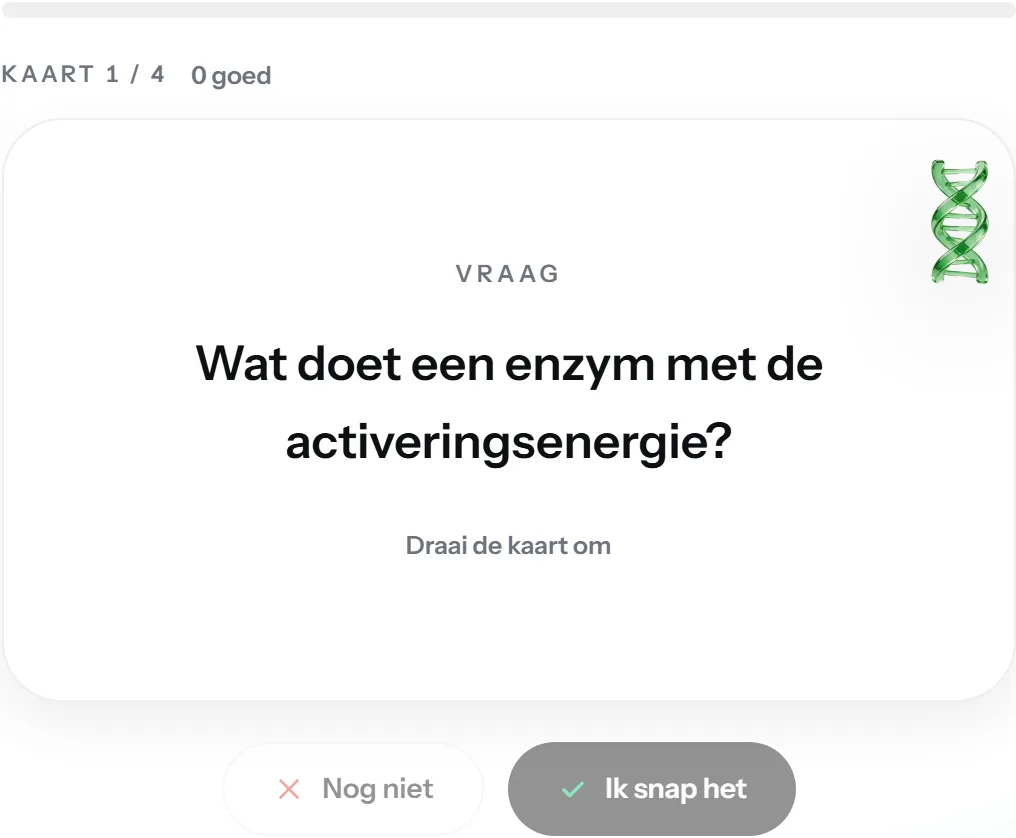 Een flashcard van StudyZone met een vraag over enzymen